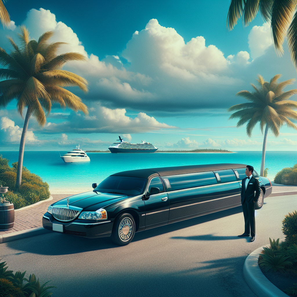 Luxury limousine service in Nassau with a professional chauffeur and a black stretch limousine by the beach.