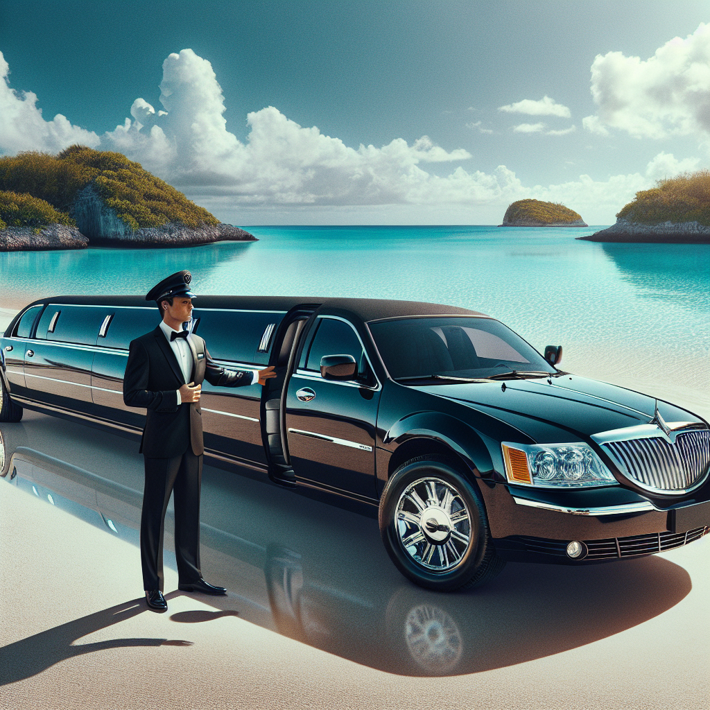 A luxurious black stretch limousine with a chauffeur at a beautiful Nassau beach.