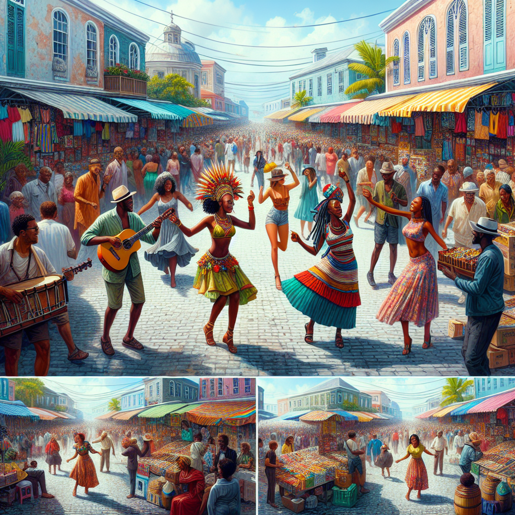 The bustling streets of Nassau with local markets and street performers.