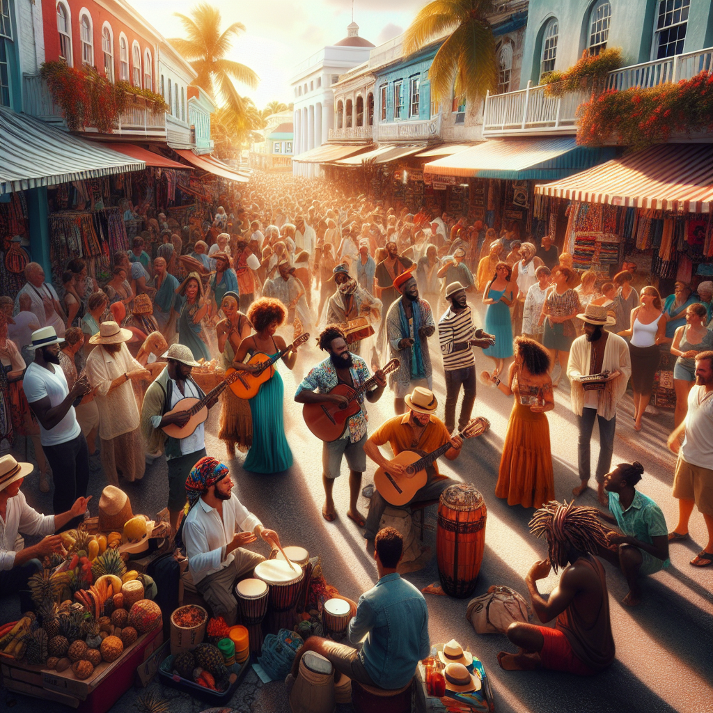 Bustling streets of Nassau with local markets and street performers.