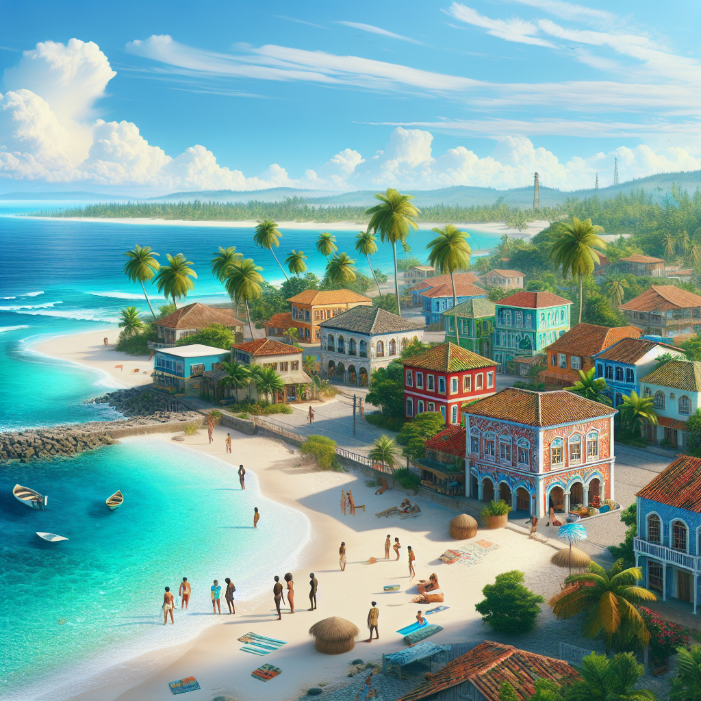 A realistic depiction of Nassau, Bahamas showcasing the beach, ocean, palm trees, and colorful buildings.