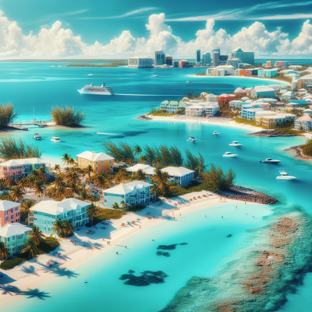 A realistic depiction of Nassau, Bahamas with clear blue waters, sandy beaches, colorful buildings, and palm trees.