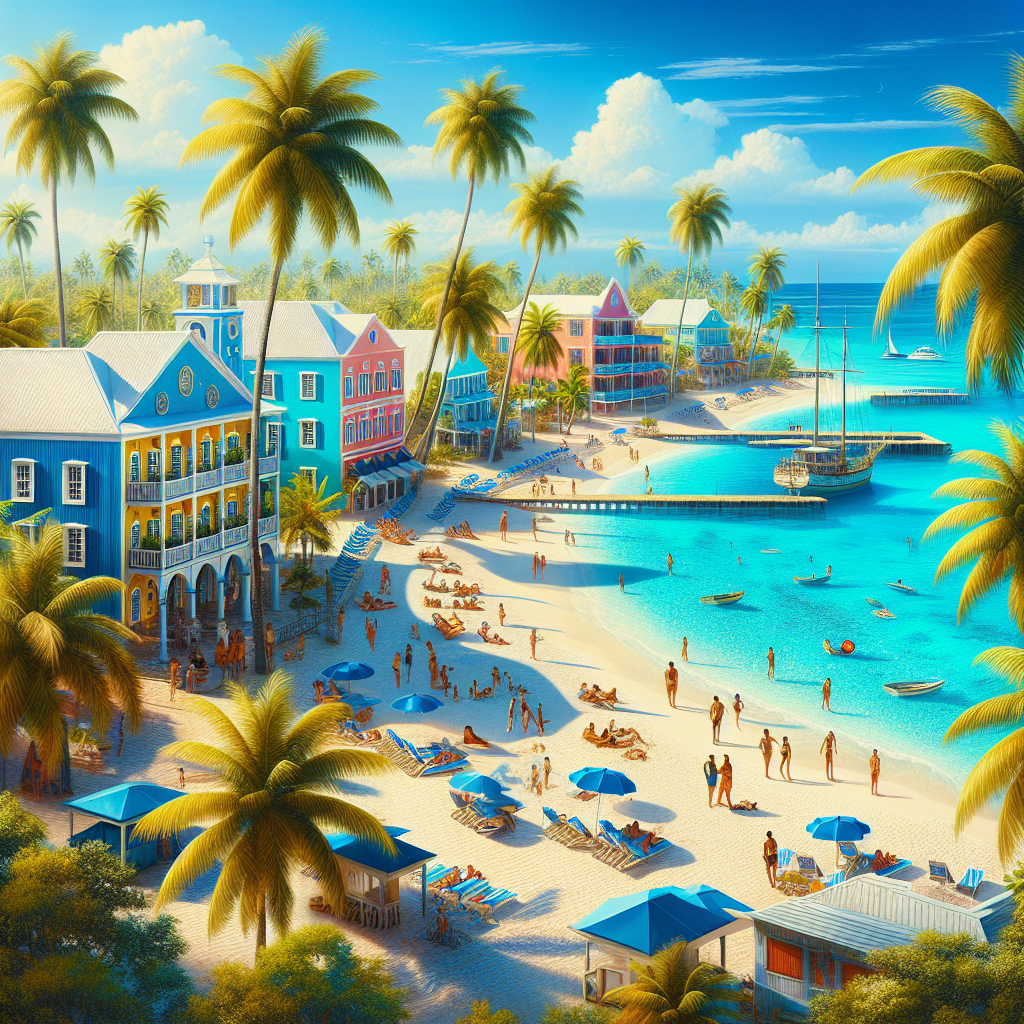 A realistic depiction of Nassau, Bahamas with blue skies, pristine beaches, turquoise waters, lush palm trees, and colonial-style architecture.
