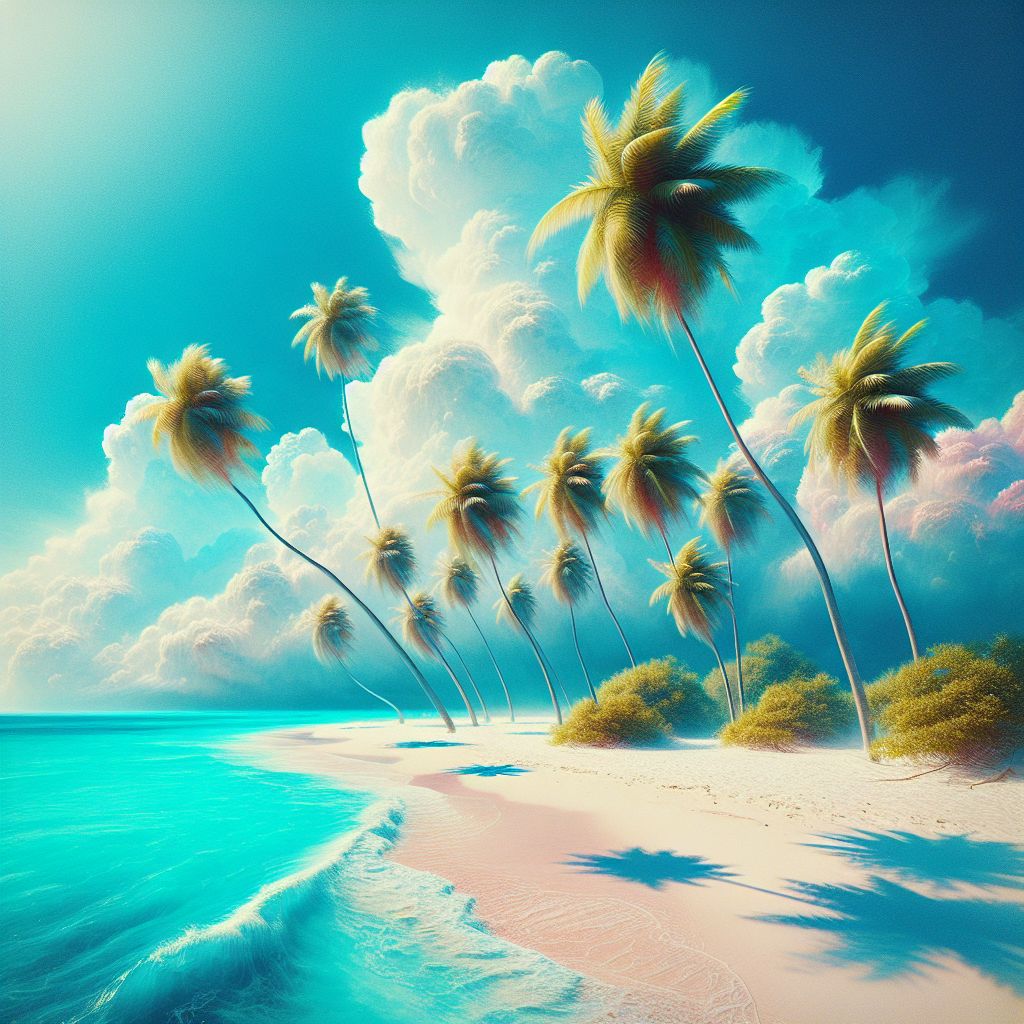 Realistic image of a tropical beach with clear water, white sand, and palm trees.