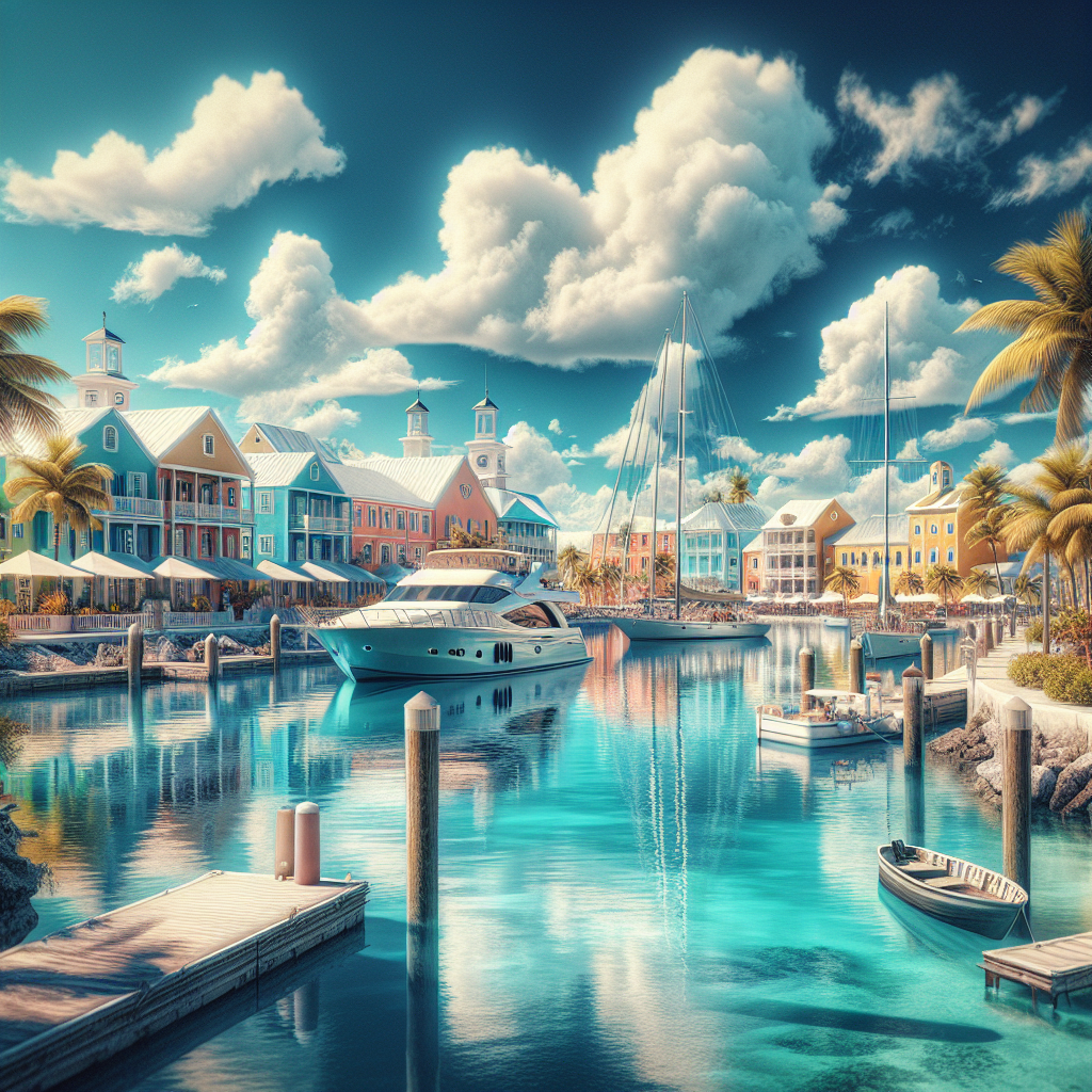 A realistic depiction of Nassau's harbor with turquoise waters, yachts, and colorful colonial buildings under sunny skies.
