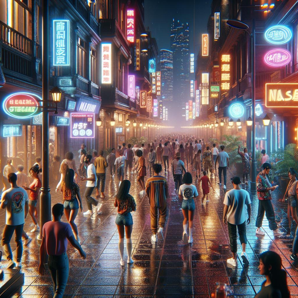 Nassau nightlife scene with vibrant street activity and neon lights.