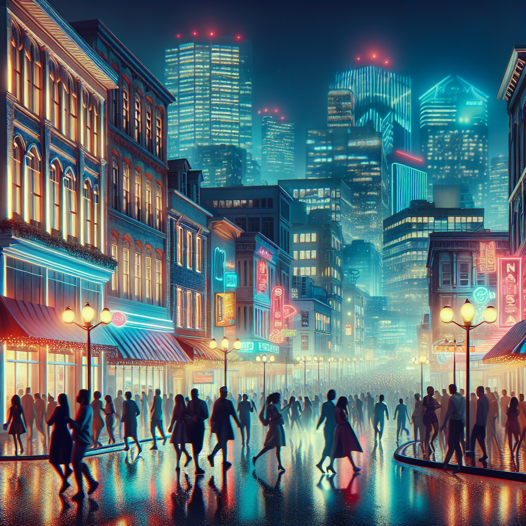 A realistic depiction of Nassau nightlife with city lights, bustling streets, and diverse crowds.