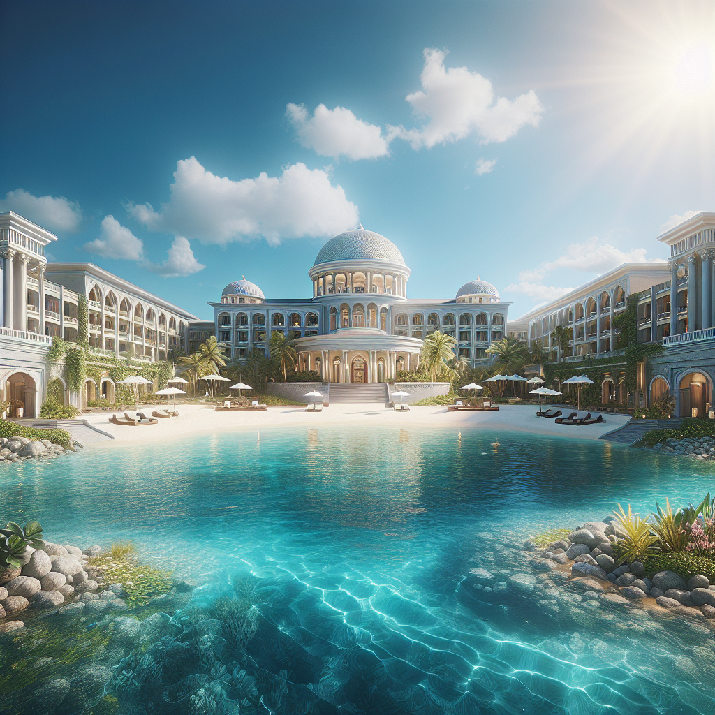 A realistic depiction of Atlantis, Bahamas with its magnificent buildings, clear waters, and tropical environment.