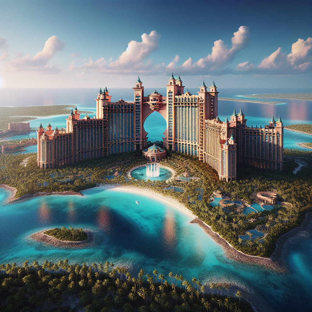 A realistic overview of the Atlantis Paradise Island Resort in the Bahamas with its grand architecture and surrounding natural beauty.
