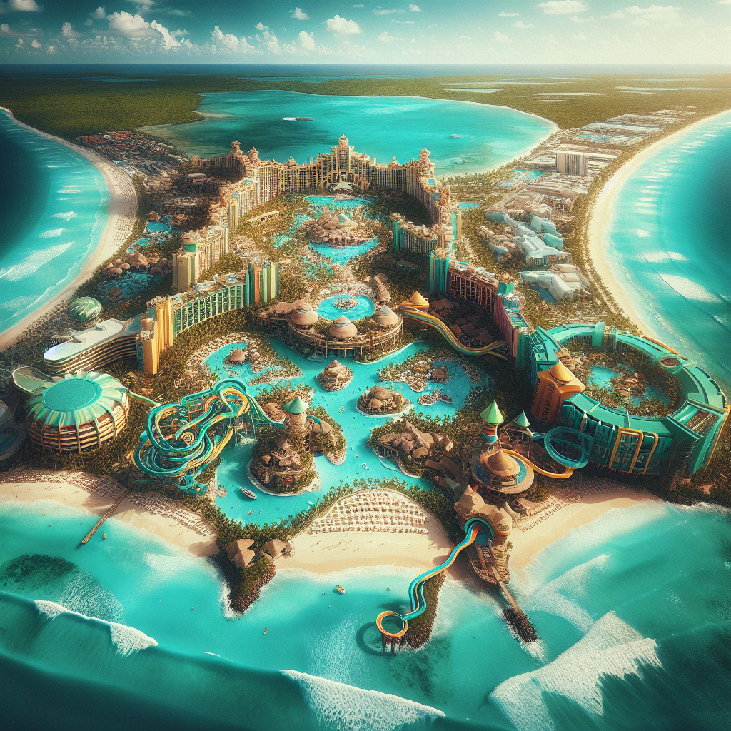 A realistic overview of Atlantis, Bahamas with lush tropical landscape and vibrant ocean.