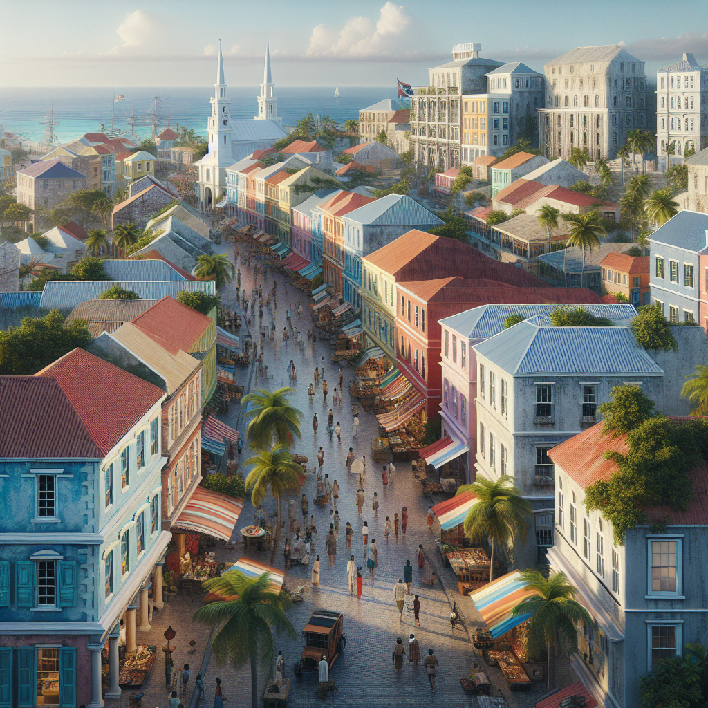 Realistic depiction of downtown Nassau with vibrant street life and historic architecture.