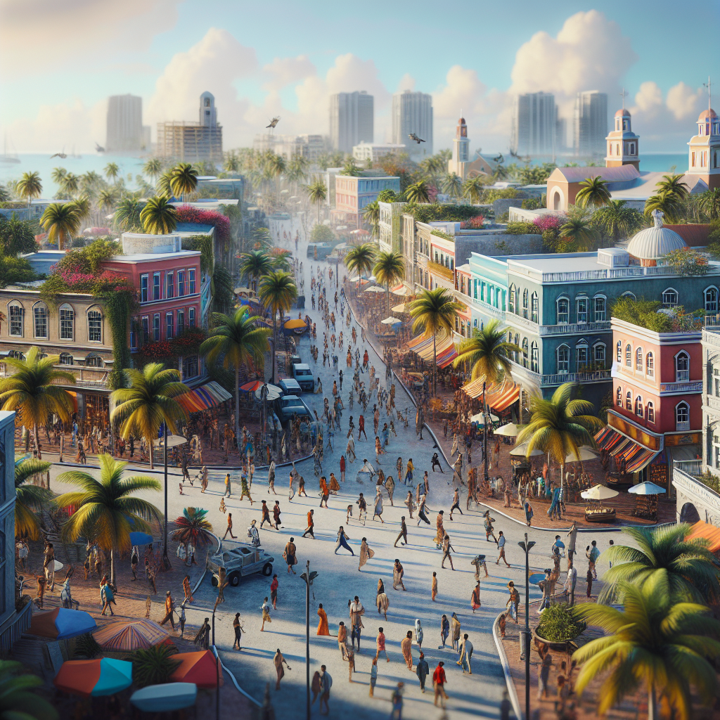 A realistic depiction of downtown Nassau with vibrant street life, colorful buildings, and palm trees.