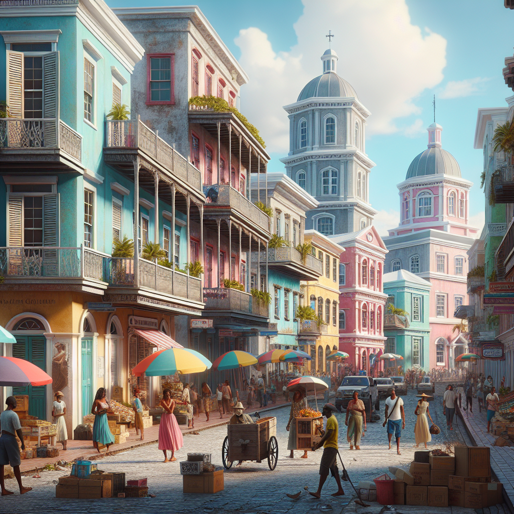 A realistic depiction of downtown Nassau with vibrant street life and colorful colonial buildings.