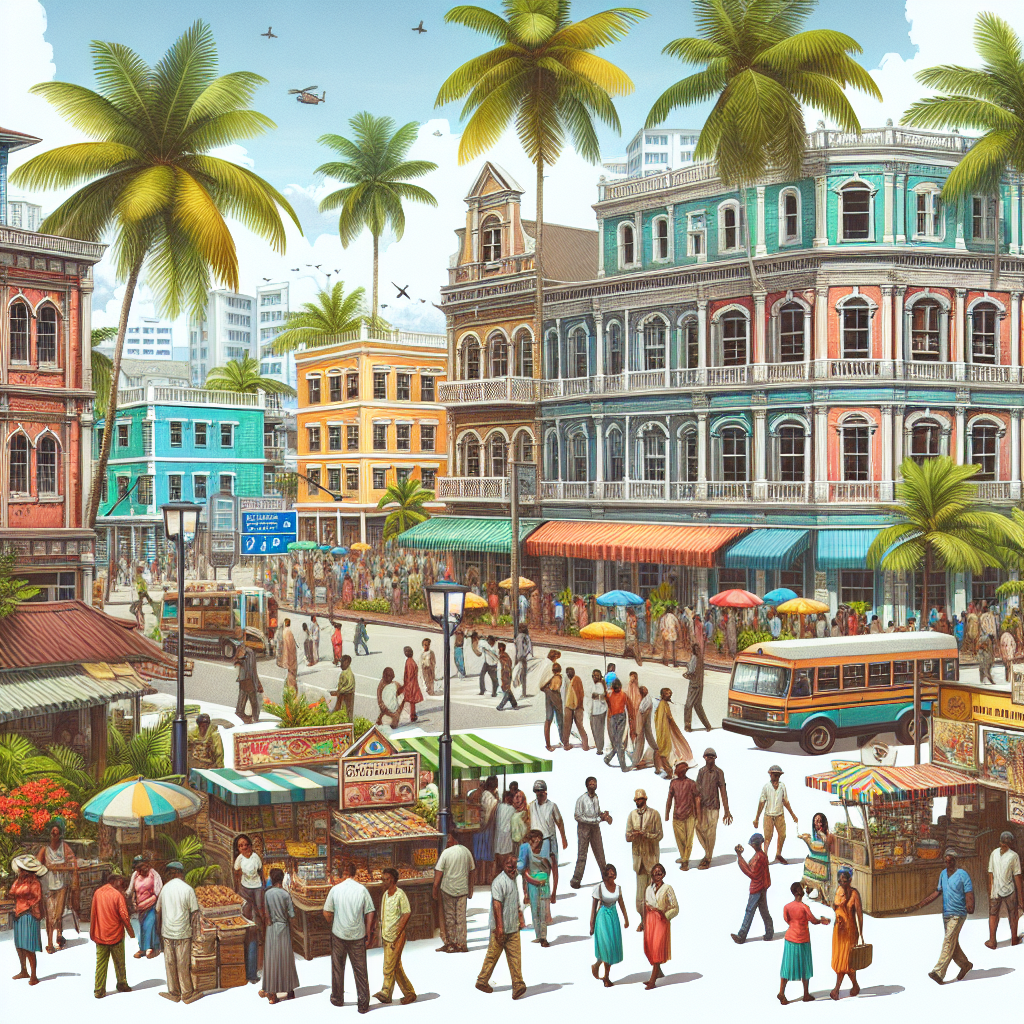 Realistic image of downtown Nassau, featuring colorful buildings, bustling streets, and tropical flora.