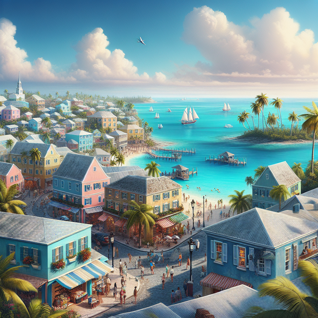 A realistic image of Nassau, Bahamas, in December with its scenic beauty, clear blue skies, turquoise waters, sandy beaches, palm trees, vibrant street scenes, colorful houses, and lively markets.