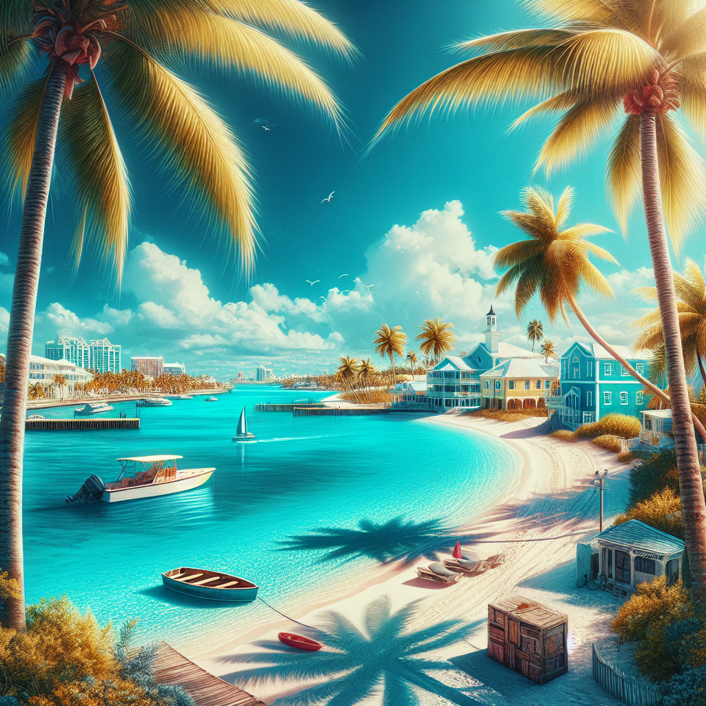 A realistic depiction of Nassau, Bahamas in December with vibrant beaches and clear blue waters.