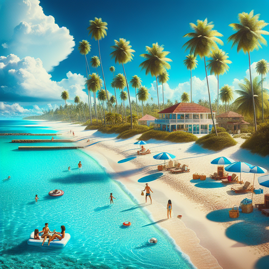 A realistic depiction of a Nassau, Bahamas beach in December with clear turquoise water, white sand, and people enjoying various beach activities.