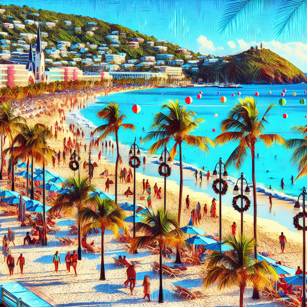 A realistic depiction of Nassau, Bahamas in December showcasing palm trees, clear blue skies, and people enjoying the beachfront with holiday decorations.
