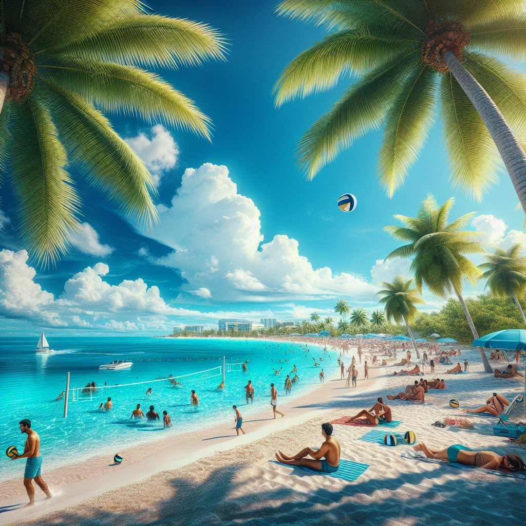 A realistic depiction of Nassau, Bahamas in January, showcasing a picturesque beach scene with white sandy shores, clear turquoise waters, and lush palm trees, with people enjoying various beach activities.