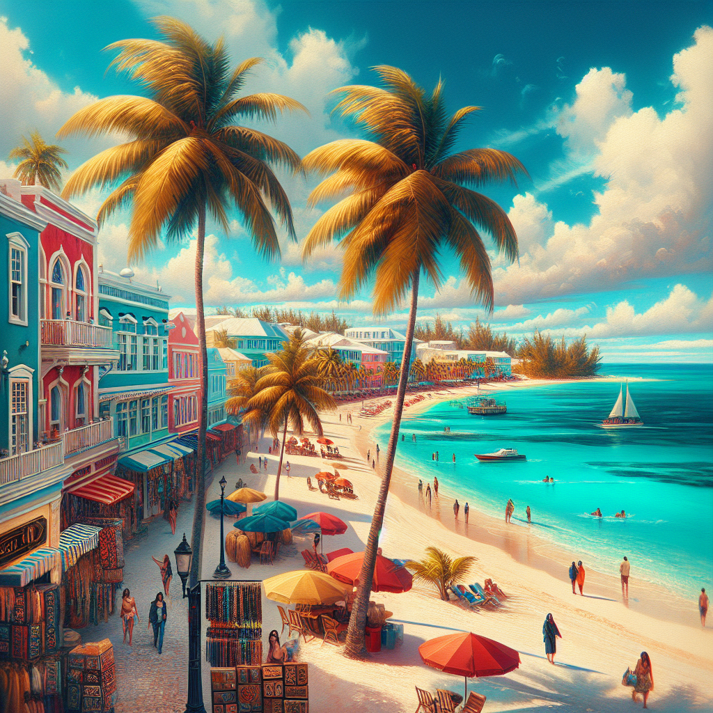 A realistic image of Nassau, Bahamas in January with serene beaches, turquoise waters, palm trees, and vibrant local life.