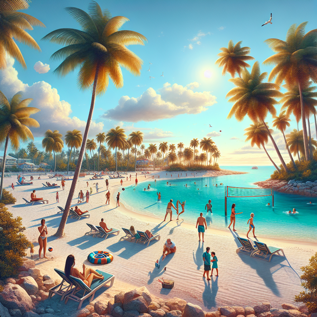 A realistic depiction of a beach in Nassau, Bahamas with clear blue waters, white sands, and palm trees in January.