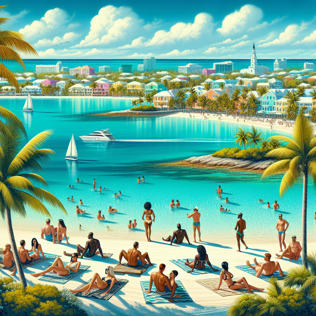 A realistic image of Nassau, Bahamas in January with a beautiful beach, turquoise waters, palm trees, and a clear blue sky.