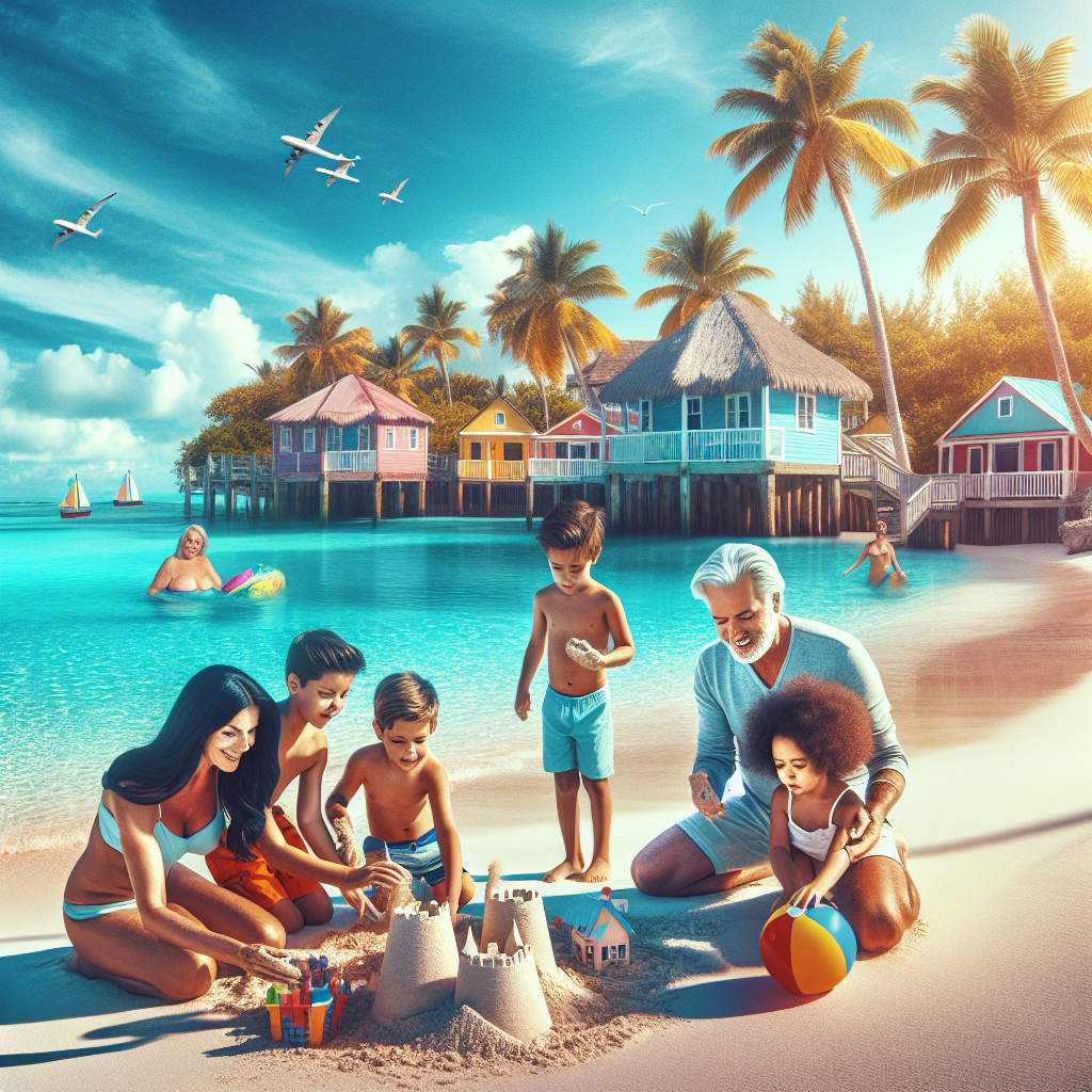 A family enjoying a sunny day on the beach at Nassau, Bahamas with clear water and palm trees.