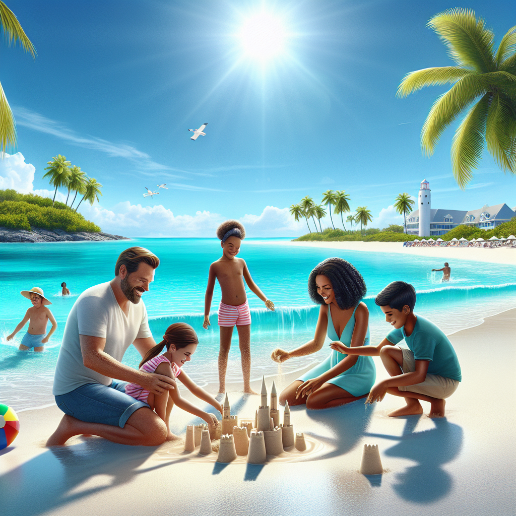 A family enjoying a sunny day at the beach in Nassau, Bahamas.