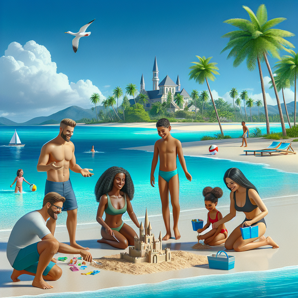 A family having fun at a beach in Nassau, Bahamas, with clear blue skies, turquoise water, and white sandy beaches.
