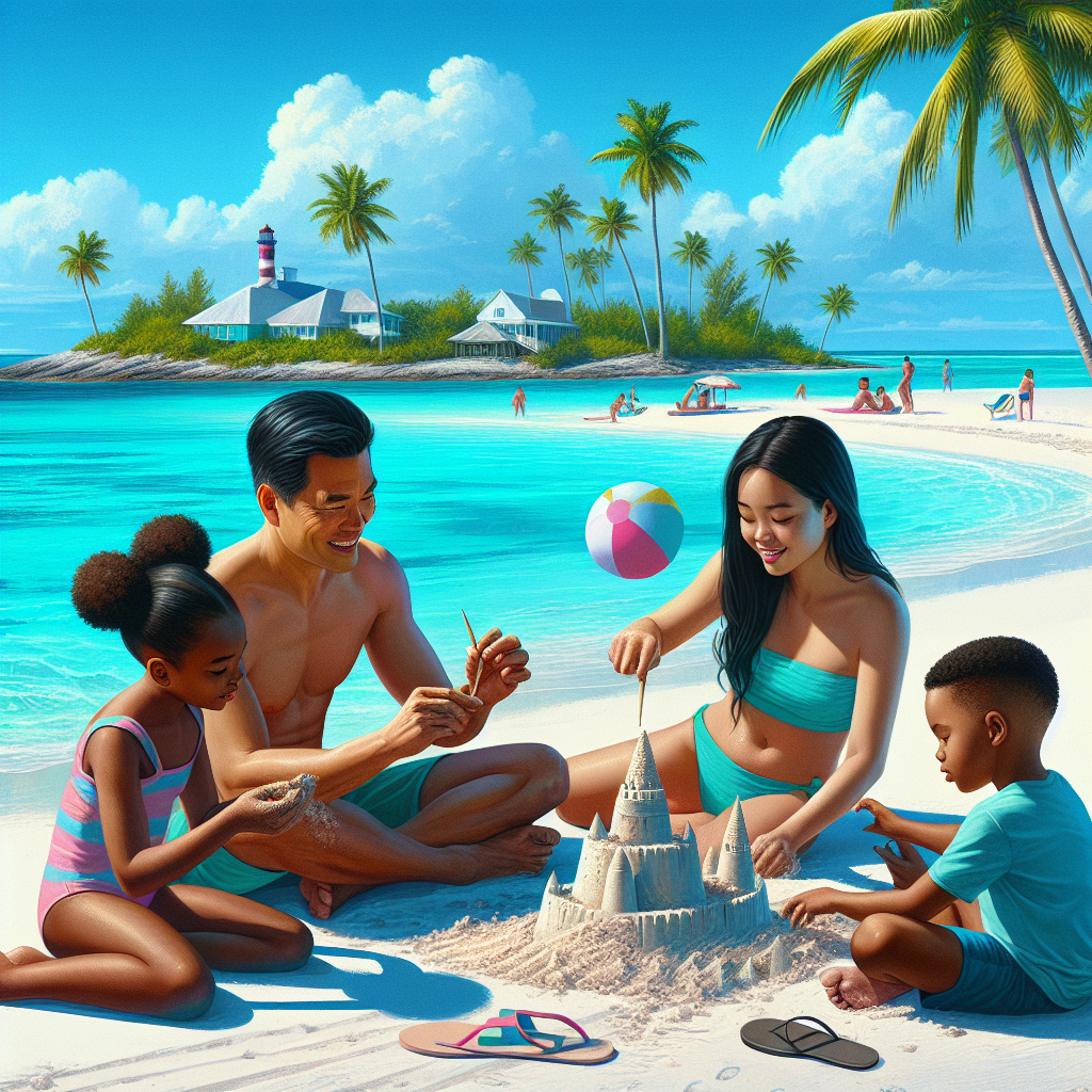 A realistic depiction of a family enjoying a sunny day at Nassau, Bahamas beach.