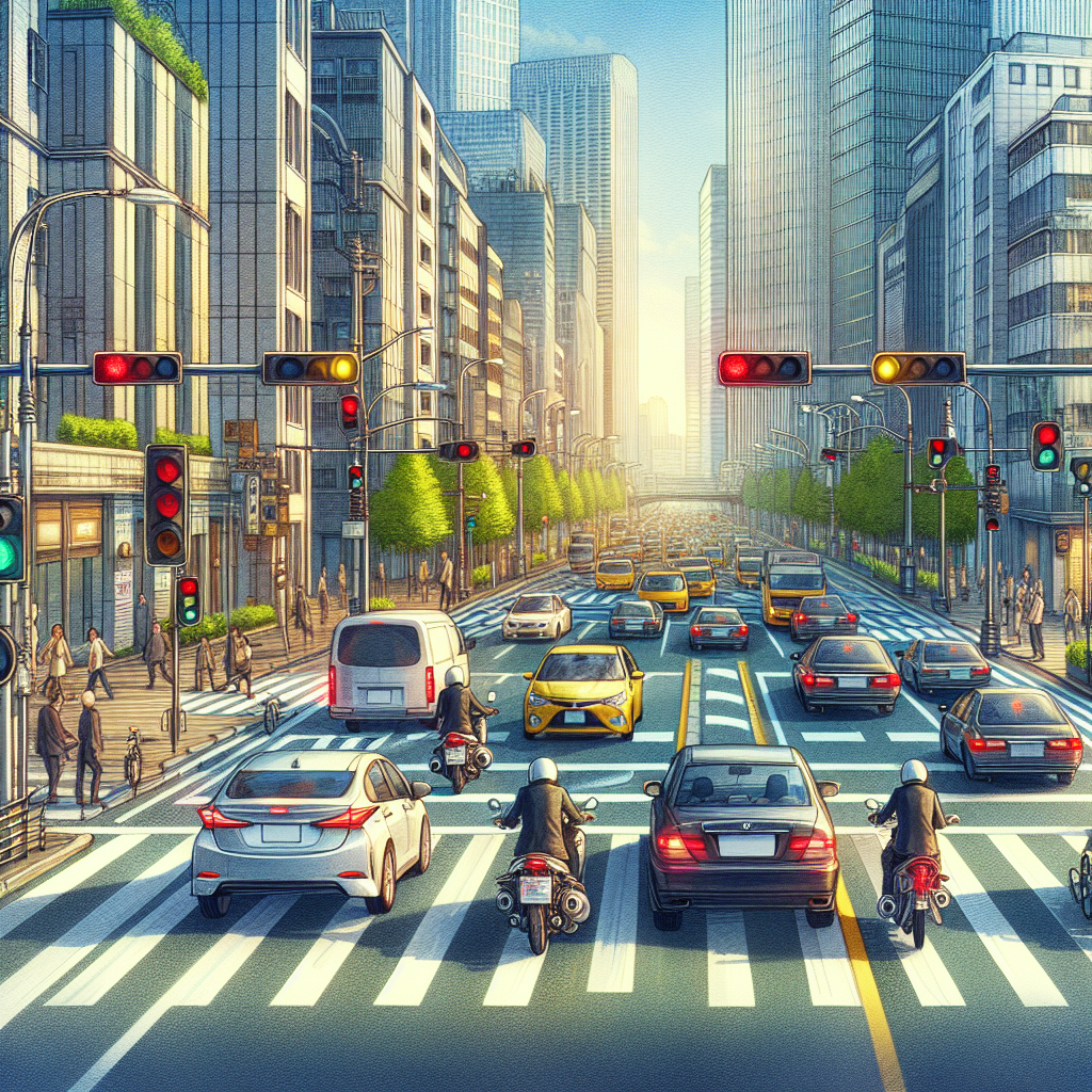 A realistic image of private transportation featuring cars, motorcycles, and bicycles on a city street with traffic lights and buildings.