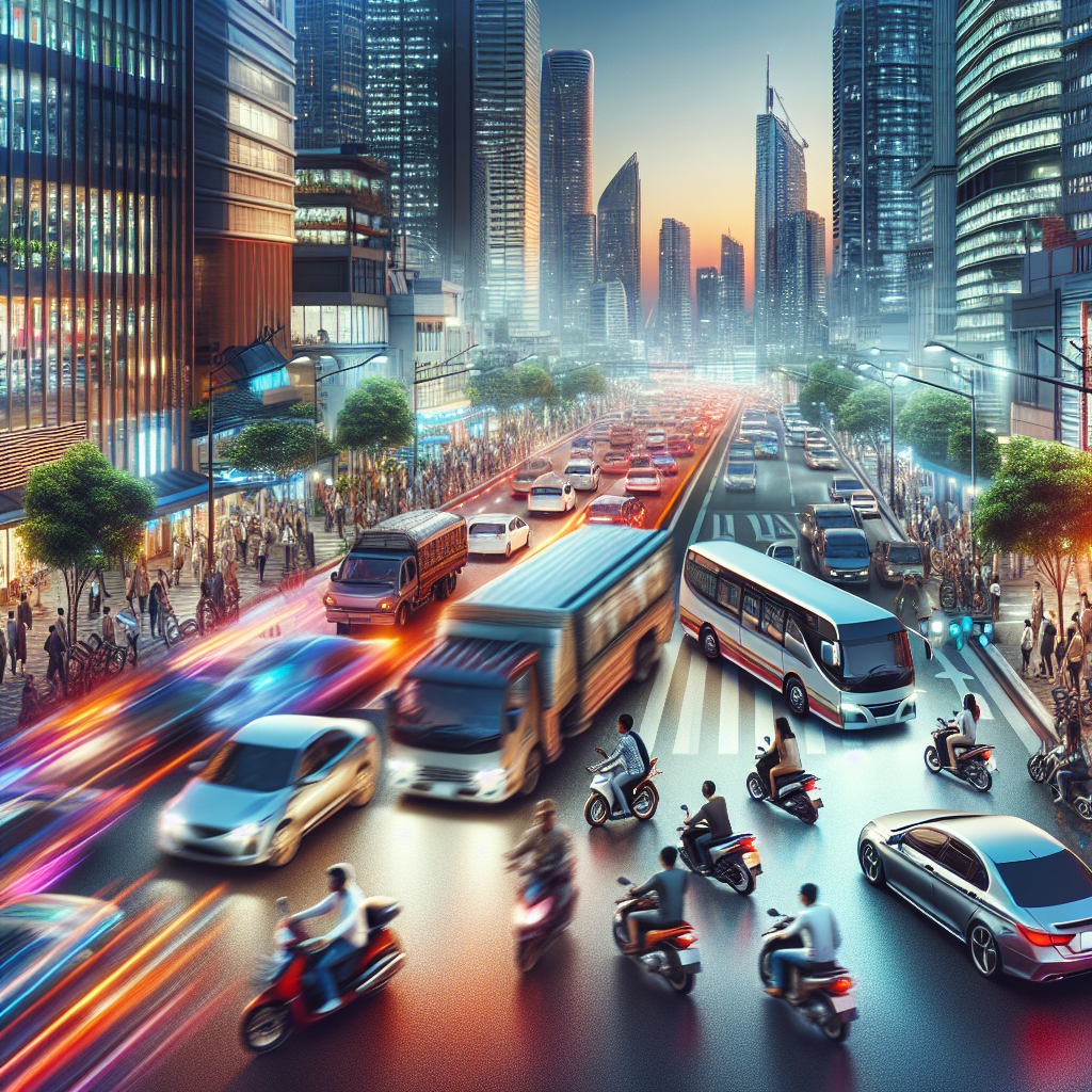 Private transportation options in a bustling urban setting, featuring cars, motorcycles, and bicycles.