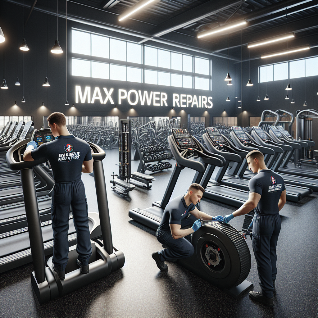 A spacious, well-equipped gym with technicians from MaxPowerRepairs maintaining fitness equipment.