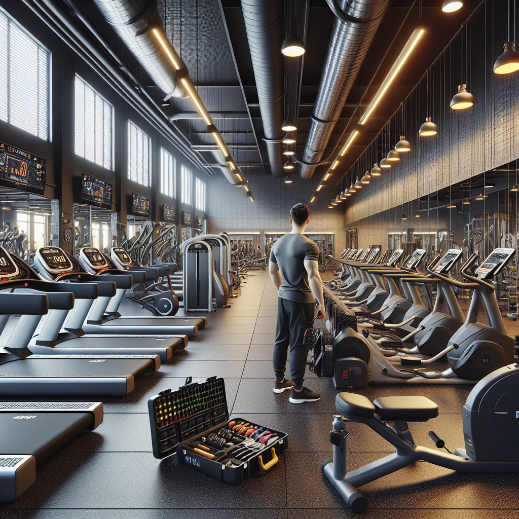 Assorted modern fitness equipment being maintained by a technician in a well-lit gym.