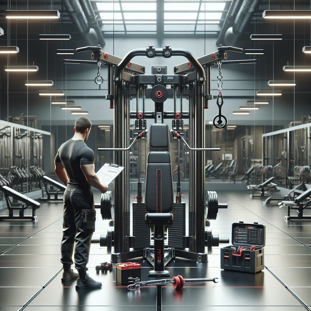 Hammer Strength machine in a modern gym with a technician performing maintenance.