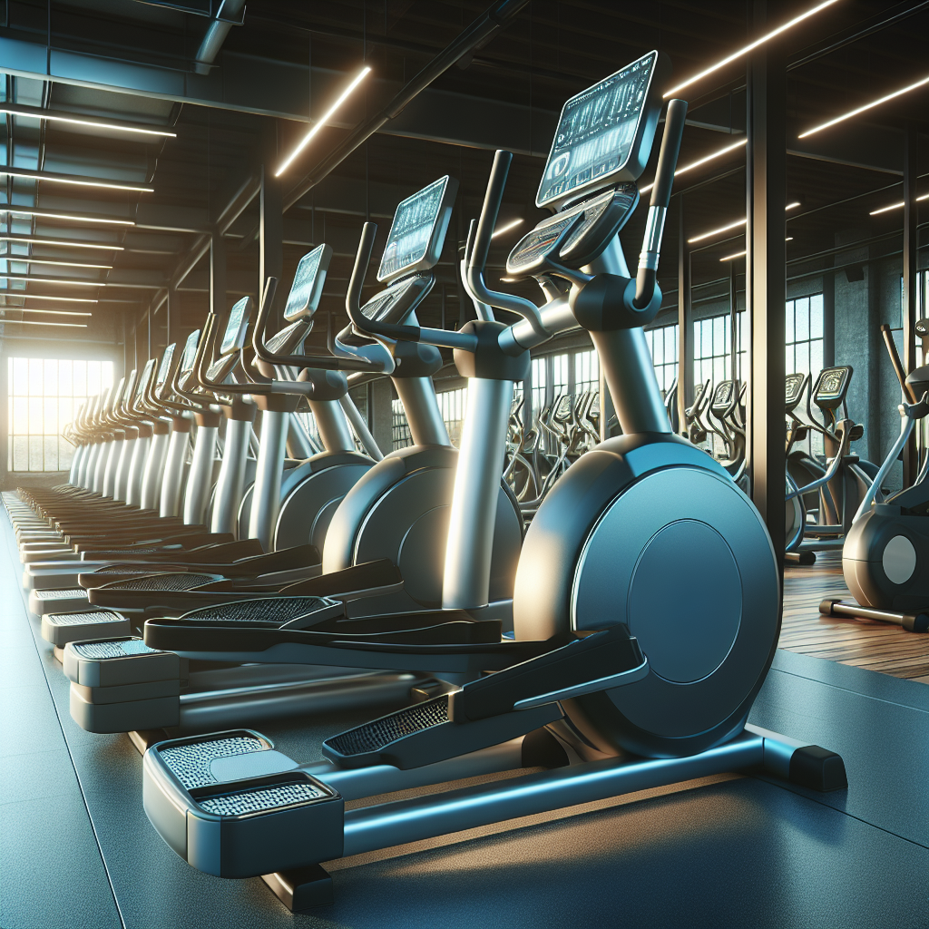 A row of modern, sleek elliptical trainers in a well-lit commercial gym highlighting their high-efficiency design, with the emphasis on a shock-absorption system on the foreground elliptical.