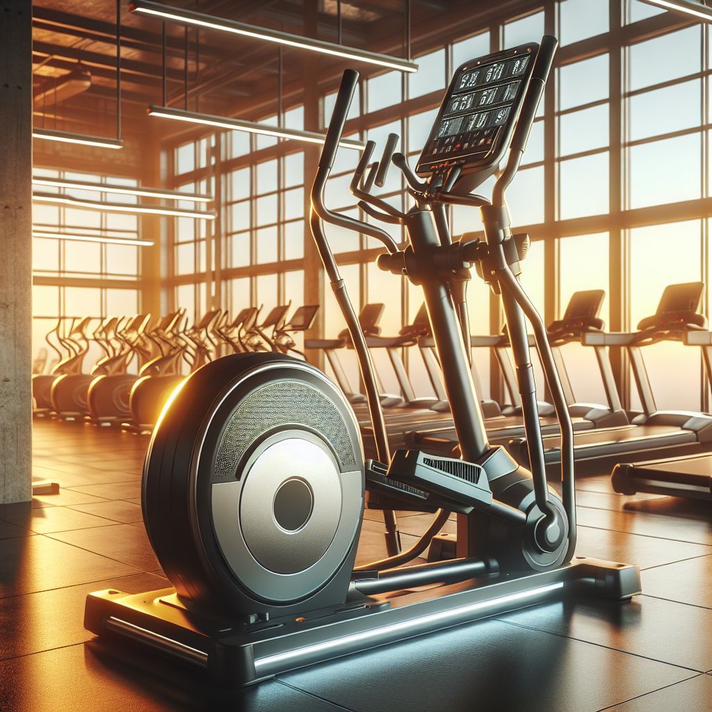 A modern, realistic image of an elliptical trainer machine in a well-lit, spacious gym environment, highlighting the machine's sleek design and the inviting atmosphere of the gym.