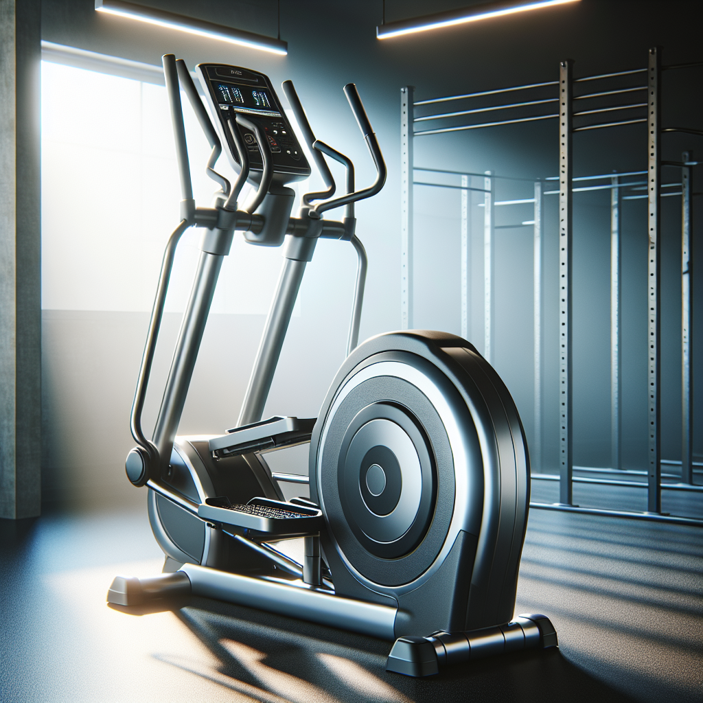 A silver and black elliptical trainer in a bright, well-equipped gym setting.