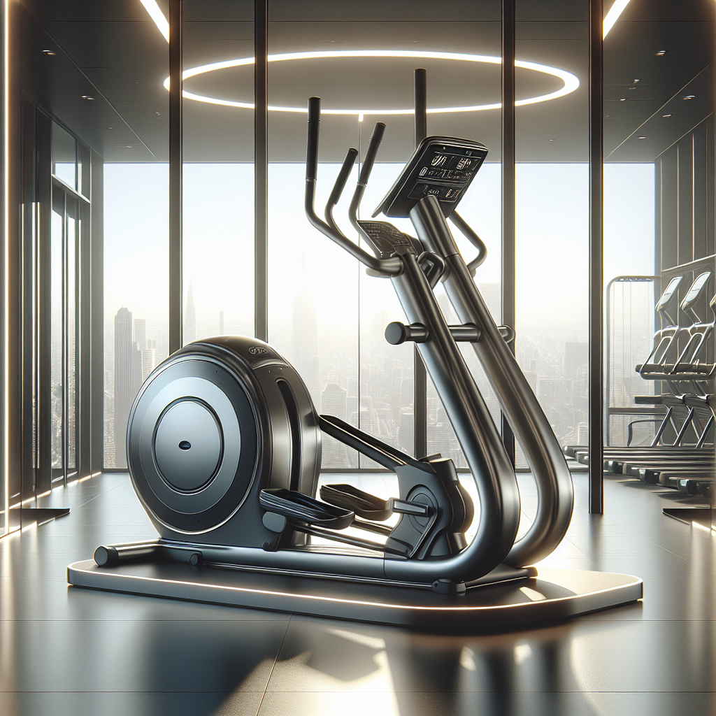 A silver and black elliptical machine in an upscale personal gym with natural lighting and no text or logos.