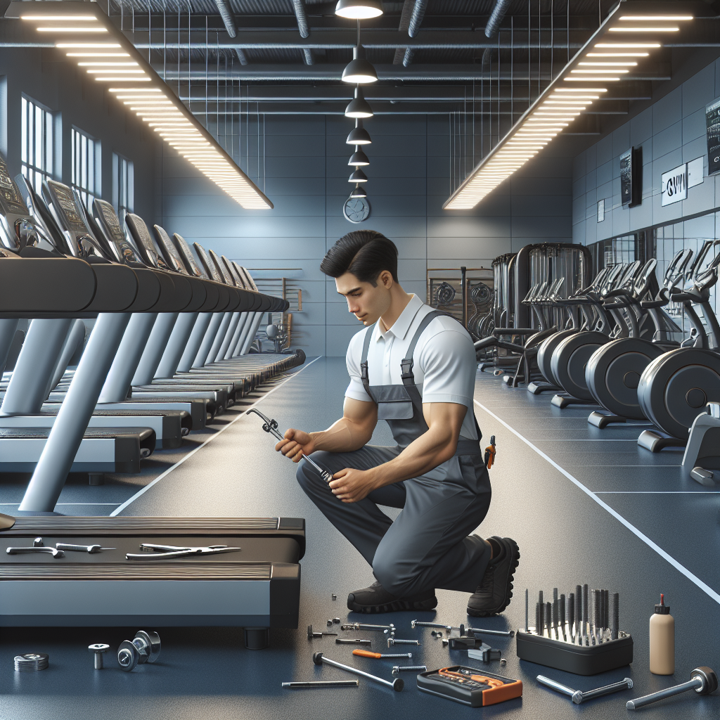 A technician servicing a treadmill in a clean, well-maintained fitness facility with various gym equipment in the background.