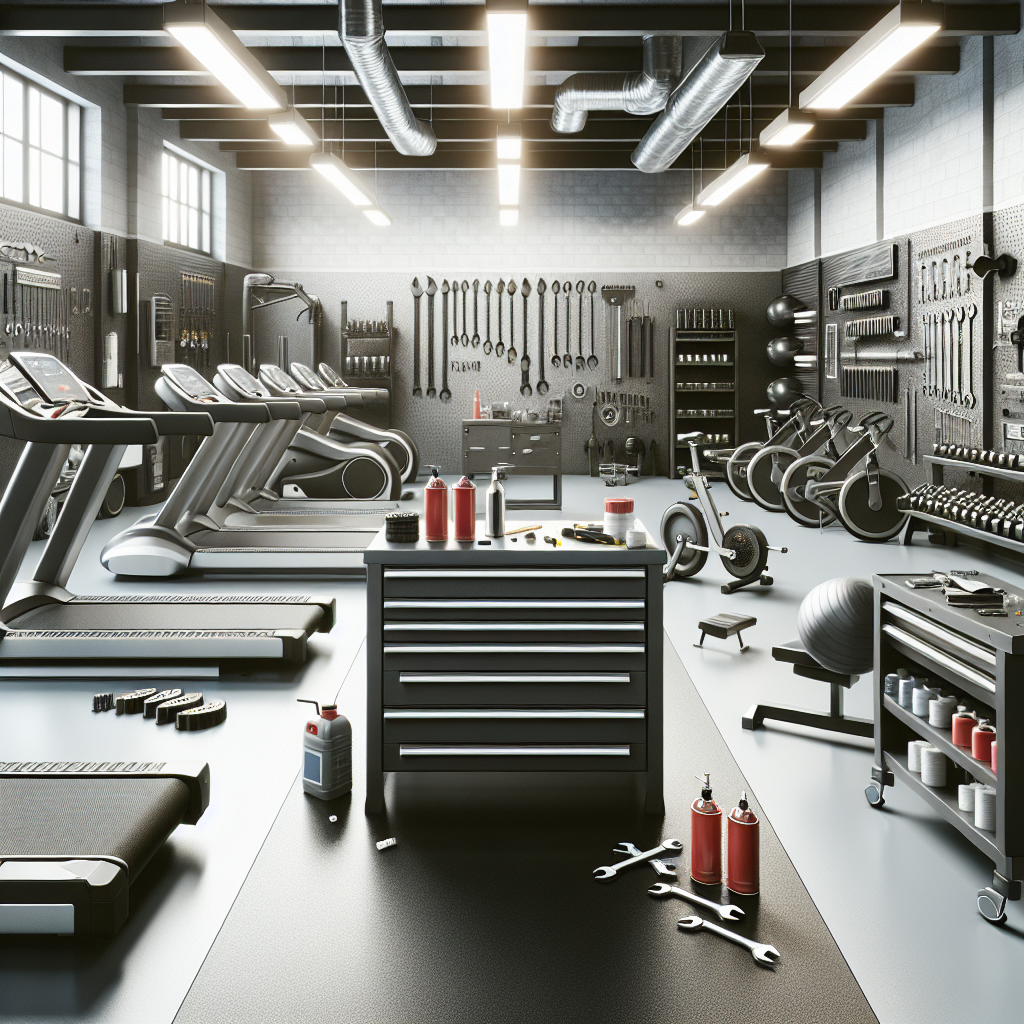 A well-organized, brightly lit fitness equipment service room with well-maintained gym machines and neatly arranged servicing tools, signifying high standards of equipment management.