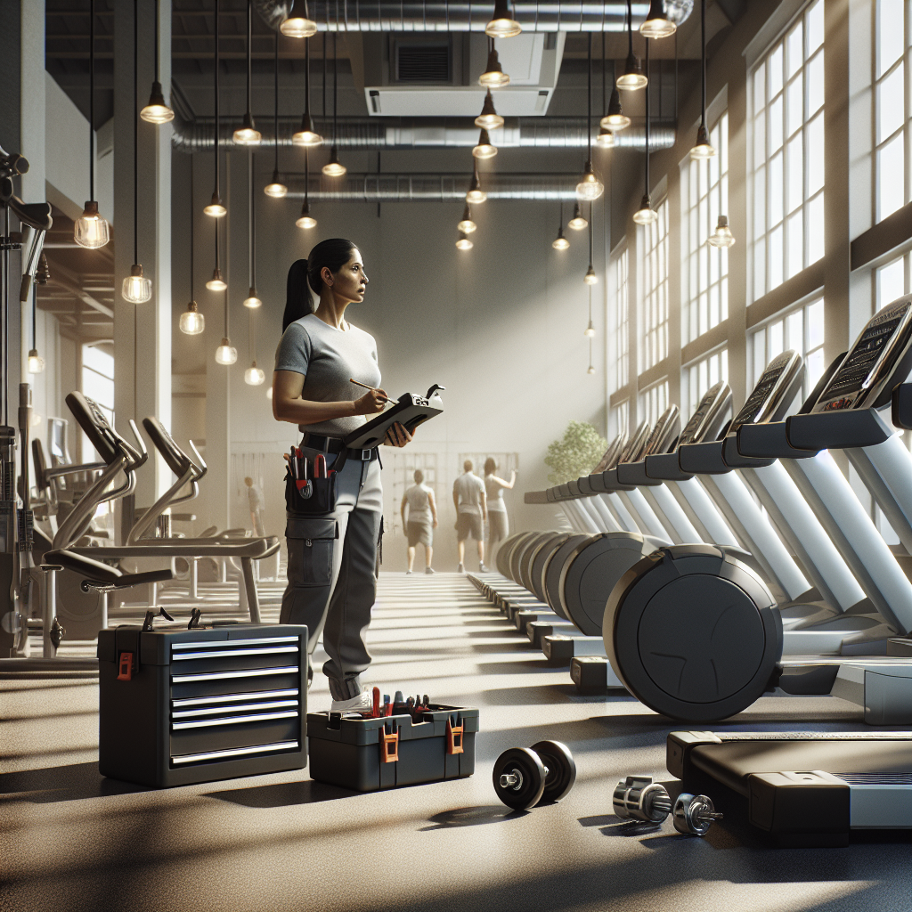 A technician performing maintenance on diverse, well-kept gym equipment in a clean, well-lit facility, reflecting the concept of comprehensive fitness equipment service.