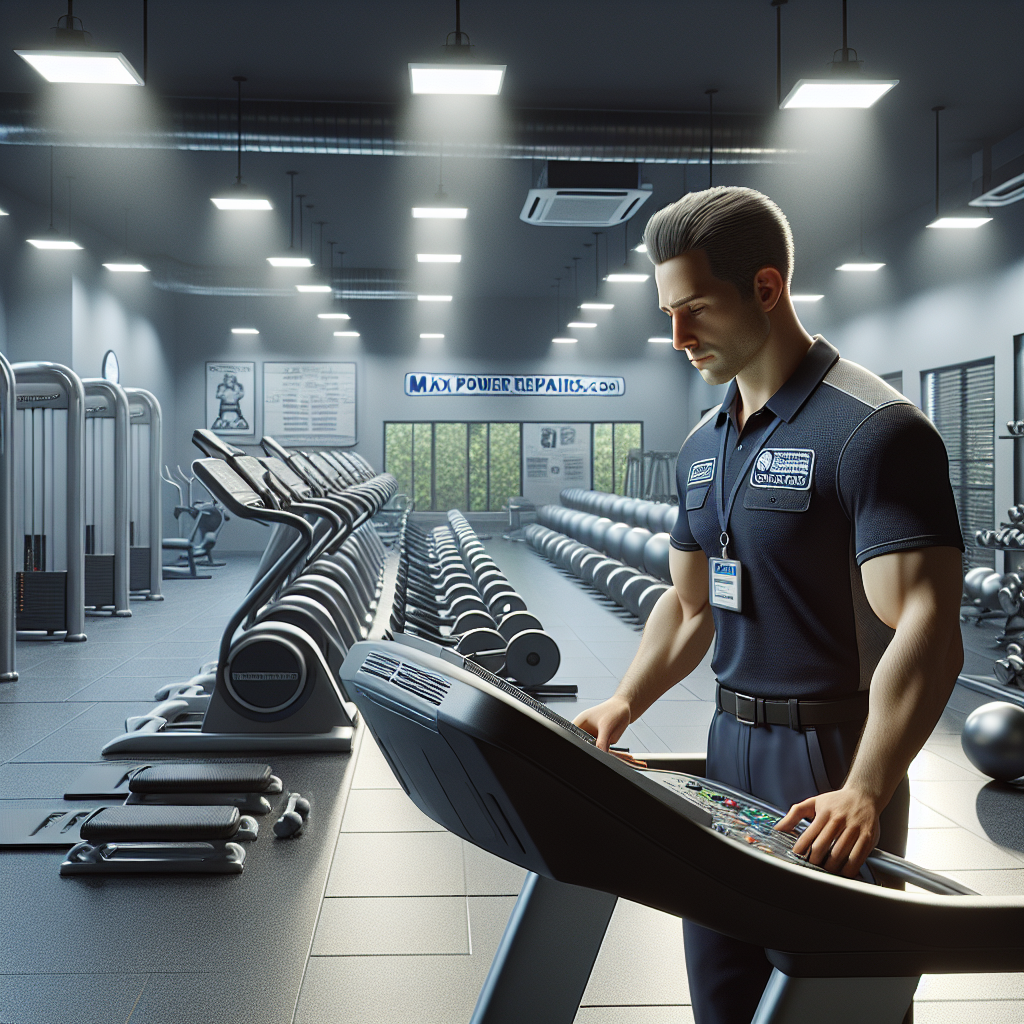 Gym equipment repair specialist in navy blue uniform fixing a treadmill in a well-lit, spacious gym.