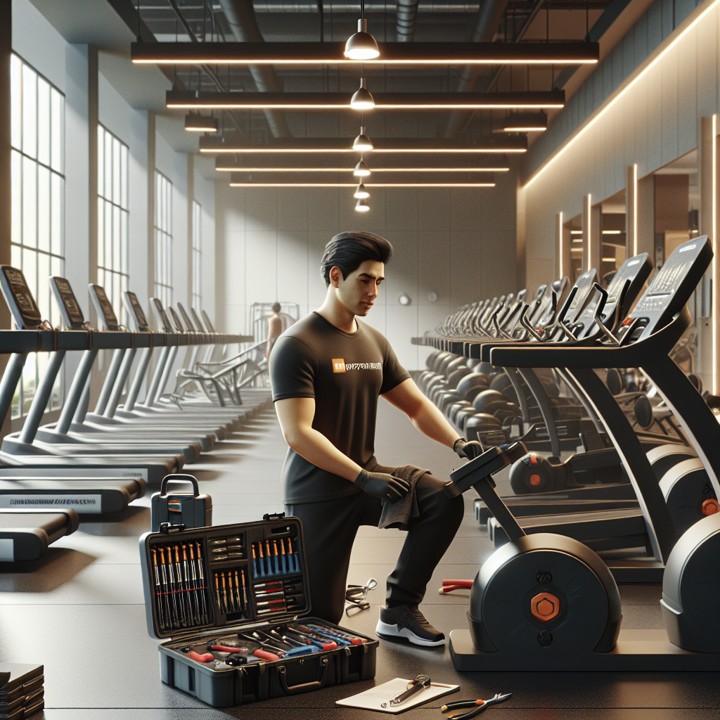 A well-equipped modern gym with a technician servicing fitness equipment, featuring MaxPowerRepairs.com branding, in a clean and brightly lit space.