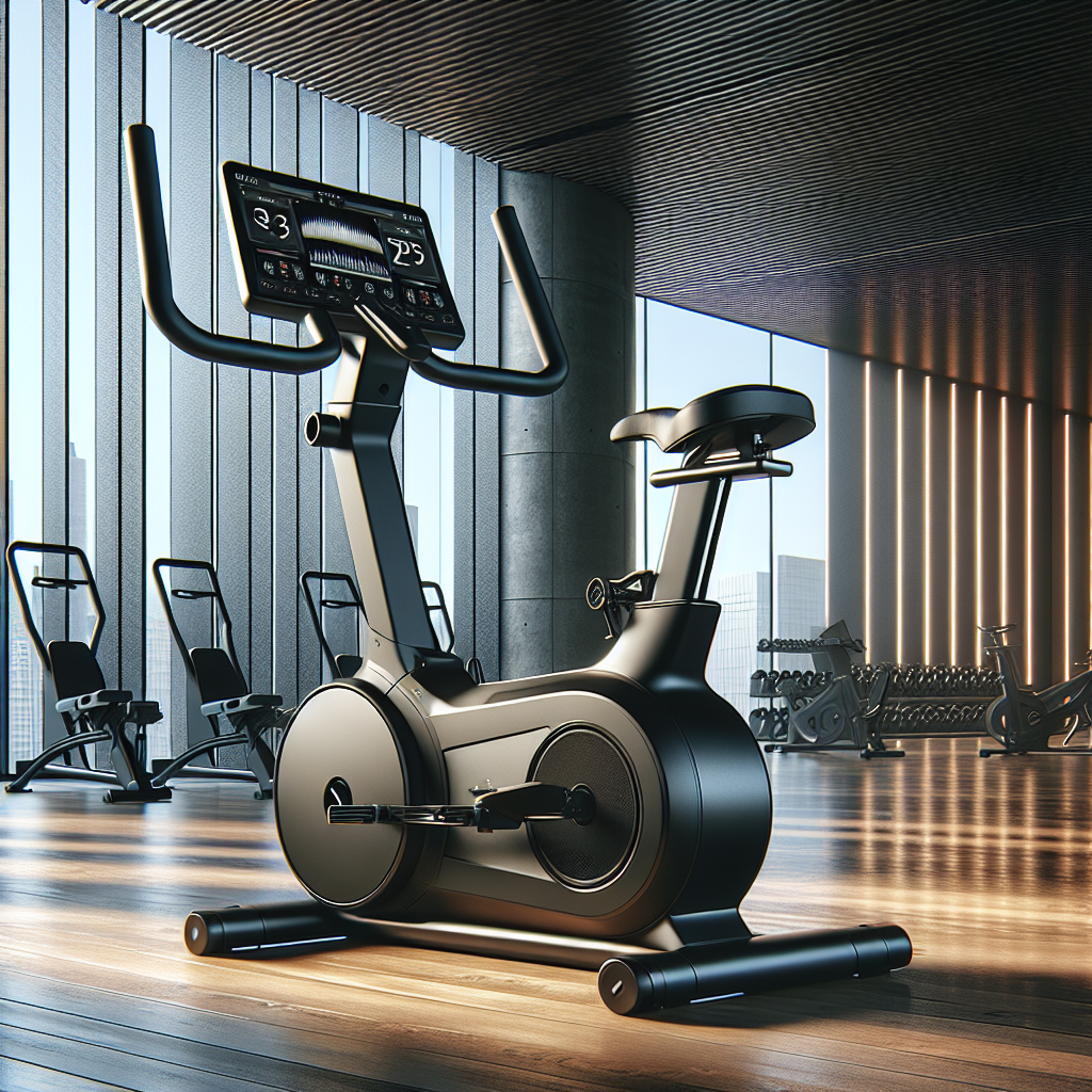 Realistic image of X3 Exercise Bike in a modern gym setting with wooden flooring and natural light.