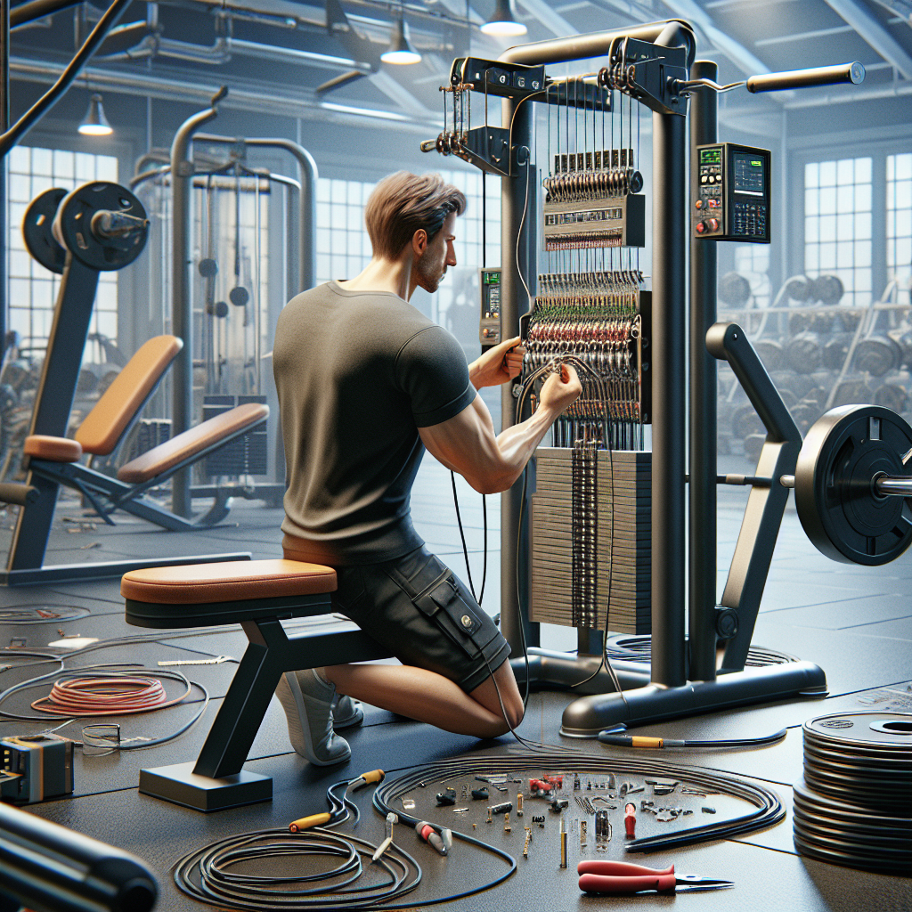 A realistic image of a technician repairing a gym cable multistation.