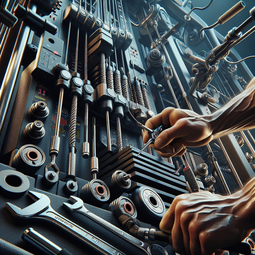 Realistic image of a gym cable multistation being repaired.