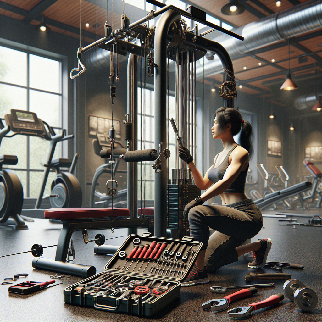 Technician repairing multi-station gym equipment in a realistic gym environment.