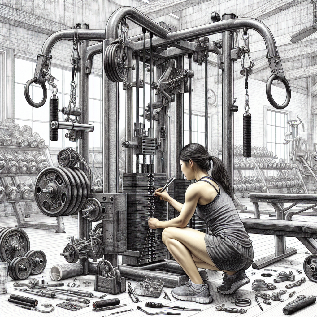 A realistic depiction of a gym cable multistation repair in progress, with a technician working on the equipment.