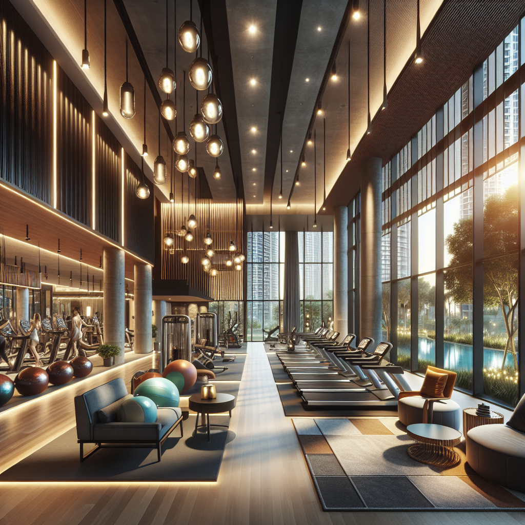 A realistic depiction of a modern gym with both commercial and residential areas.